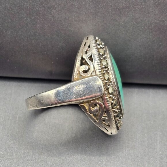 VTG 925 Sterling Silver Turquoise & Marcasite Ring Size 6.5 Signed Filigree - Picture 6 of 11
